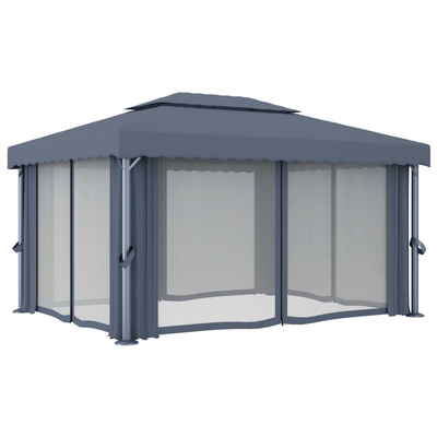 vidaXL Altana z zasłonami i sznurem lampek LED, 4x3 m, antracytowa