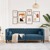 Sofa Chesterfield z wałkami, trzyosobowa, niebieska, aksamit