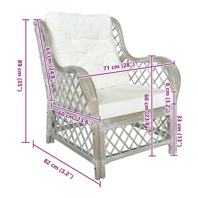 Fotel z poduszką, szary, naturalny rattan i len