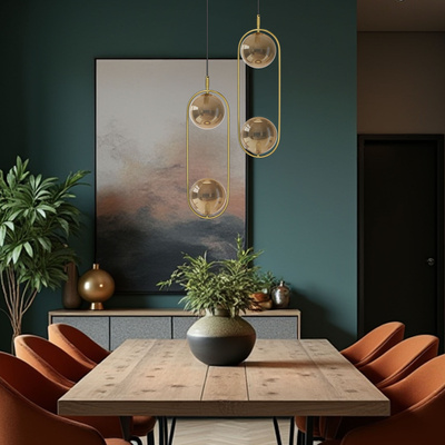 Lampa wisząca CORDEL vintage - złoty mosiądz z bursztynowymi kloszami kulkami - eleganckie oświetlenie salonu 2x G9 LED