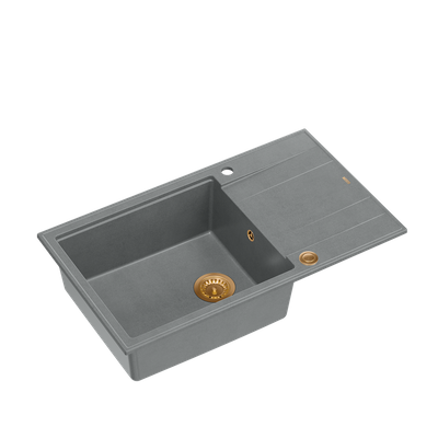 EVAN 136 XL GraniteQ zlewozmywak z syfonem Push To Open 1-komorowy z/o (860x500x210; kom. 420x490) silver stone / elementy miedziane