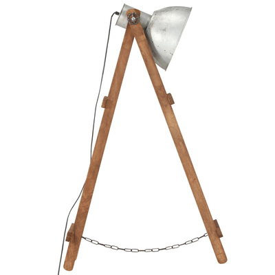 Lampa podłogowa, srebrna, E27, lite drewno mango