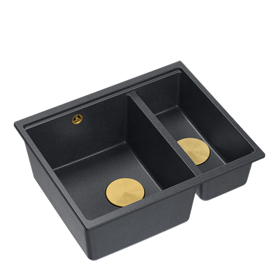 QUADRON | LOGAN 150 | granitowy zlewozmywak kuchenny CZARNY + ZŁOTO PVD | wymiary: 56 x 46 x 22 cm | 1,5-komorowy podwieszany | podbudowa szafki od: 60 cm