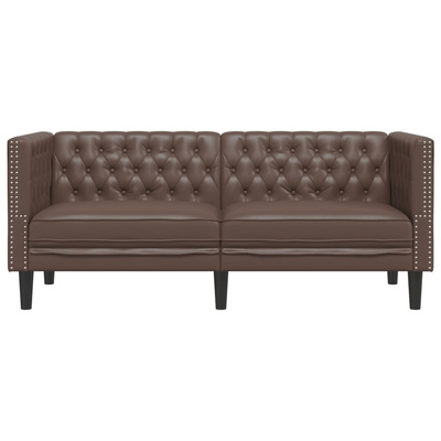 Sofa Chesterfield, 2-os., brązowa, tapicerowana sztuczną skórą