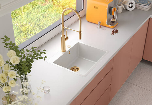 QUADRON | MORGAN 110 FM PRODUKT NA ZAMÓWIENIE | granitowy zlewozmywak kuchenny BIAŁY + ZŁOTO PVD | wymiary: 56,5 x 49,5 x 21,6 cm | 1-komorowy na równi w blatem | podbudowa szafki od: 60 cm