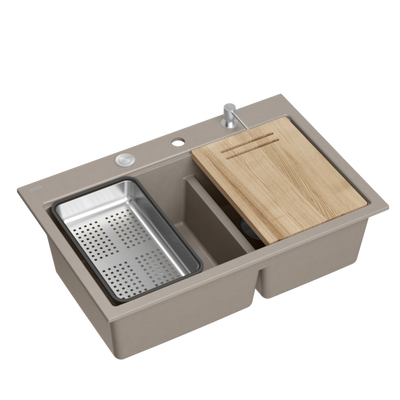 Zlewozmywak granitowy MARC 120 WORKSTATION – dwukomorowy, wpuszczany, soft taupe/elementy stalowe + AKCESORIA, Quadron