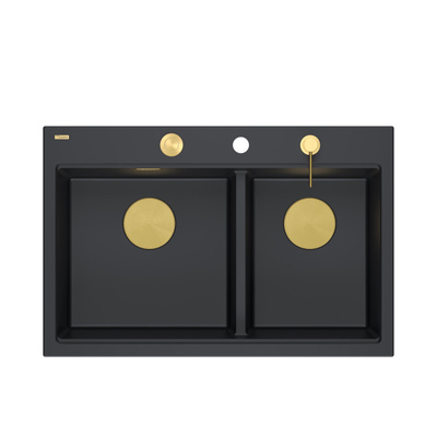 Zlewozmywak granitowy MARC 120 WORKSTATION – dwukomorowy, wpuszczany, pure carbon/elementy złote + AKCESORIA, Quadron