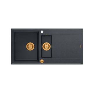 EVAN 156 GraniteQ zlewozmywak z syfonem Push To Open 1,5-komorowy z/o (1000x500x210; kom. 420x480) black diamond / elementy miedziane