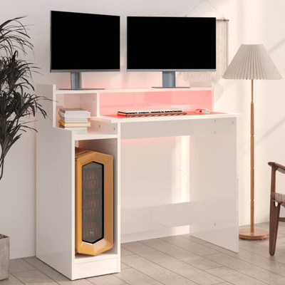 vidaXL Biurko z podświetleniem LED, białe, wysoki połysk, 97x45x90 cm