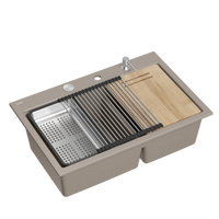 Zlewozmywak granitowy MARC 120 WORKSTATION – dwukomorowy, wpuszczany, soft taupe/elementy stalowe + AKCESORIA, Quadron