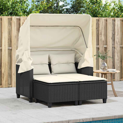2-os. sofa ogrodowa z daszkiem i podnóżkami, czarna, rattan PE