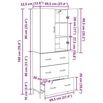 Highboard Czarny Dąb 69,5 x 34 x 180 cm Drewno inżynieryjne