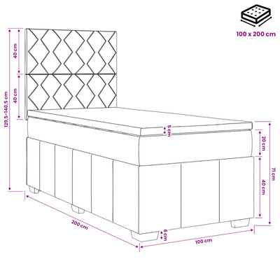 Łóżko z box spring LED z materacem Ciemnoszary 100 x 200 cm