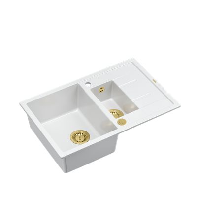 MORGAN 156 GraniteQ zlewozmywak snow white z syfonem Push To Open okrągły 1,5-komorowy z/o/ elementy złote