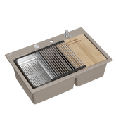Zlewozmywak granitowy MARC 120 WORKSTATION – dwukomorowy, wpuszczany, soft taupe/elementy stalowe + AKCESORIA, Quadron