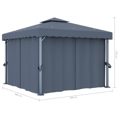 Altana z zasłonami i sznurem lampek LED, 3x3 m, antracytowa