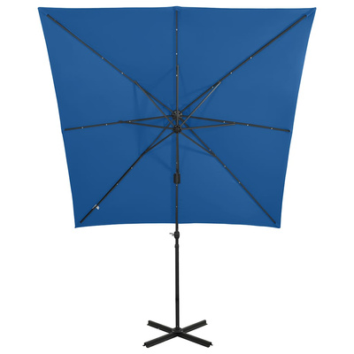 vidaXL Parasol wiszący z lampkami LED i słupkiem, lazurowy, 250 cm