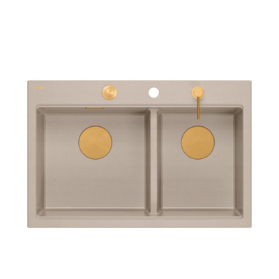 Zlewozmywak granitowy MARC 120 WORKSTATION – dwukomorowy, wpuszczany, pearl beige/elementy miedziane + AKCESORIA, Quadron