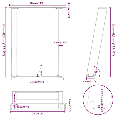 Nogi do stolika kawowego w kształcie litery U 2 szt. Naturalna stal 28x(42-43) cm Stal