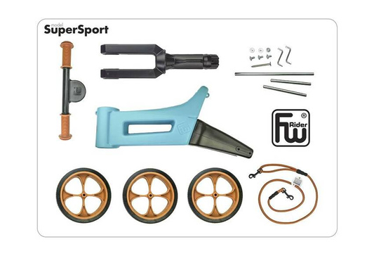 FWRider Super Sport 515777 Kolor: Aqua / Turkusowy z brązowymi felgami Rowerek biegowy Jeździk 2w1 Ciche koła + Pasek do noszenia dla Rodzica