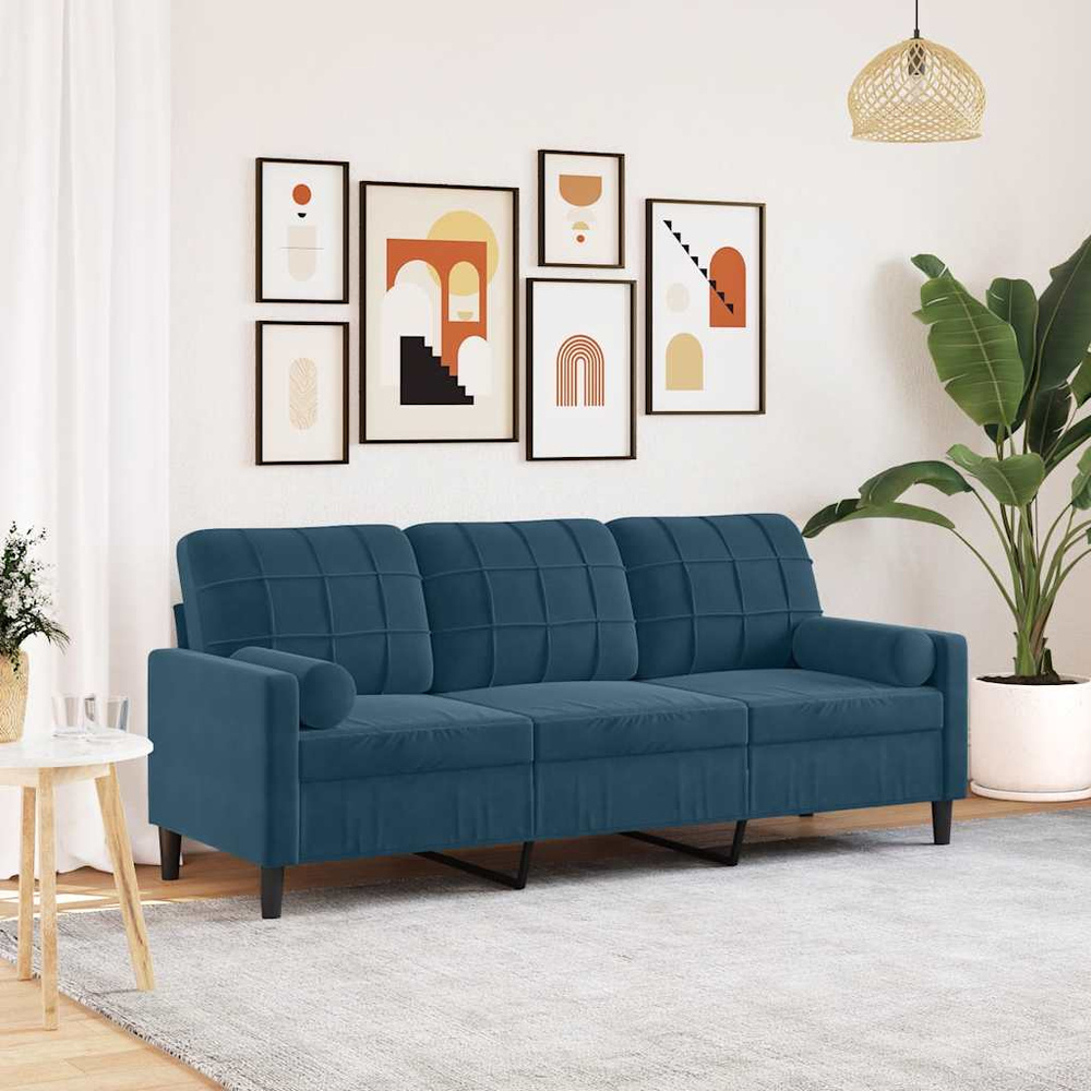 3-osobowa sofa z poduszkami, niebieska, 180 cm, aksamit