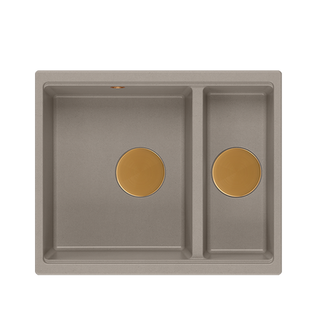 QUADRON | LOGAN 150 | granitowy zlewozmywak kuchenny BEŻ + MIEDŹ PVD | wymiary: 56 x 46 x 22 cm | 1,5-komorowy wpuszczany | podbudowa szafki od: 60 cm
