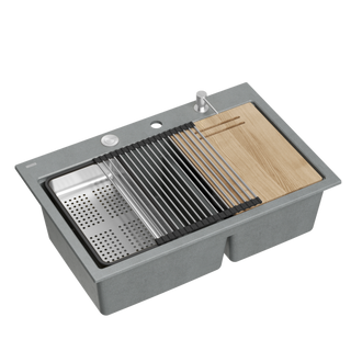 Zlewozmywak granitowy MARC 120 WORKSTATION – dwukomorowy, wpuszczany, silver stone/elementy stalowe + AKCESORIA, Quadron