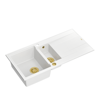 EVAN 156 GraniteQ zlewozmywak z syfonem Push To Open 1,5-komorowy z/o (1000x500x210; kom. 420x480) snow white / elementy złote