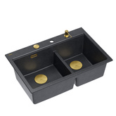 Zlewozmywak granitowy MARC 120 WORKSTATION – dwukomorowy, wpuszczany, black diamond/elementy złote + AKCESORIA, Quadron