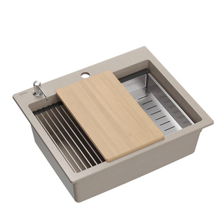 Quadron | KURT 110 | kuchenny zlewozmywak granitowy SZARY | wymiary: 59,5 x 50 x 21,5 cm | akcesoria: syfon, dozownik, deska, Qmata, wkładka ociekowa | 1-komorowy wpuszczany | podbudowa szafki: od 60 cm