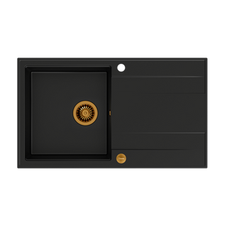 EVAN 111 GraniteQ zlewozmywak z syfonem Push 2 Open 1-komorowy z/o (860x500x210) pure carbon / elementy miedziane