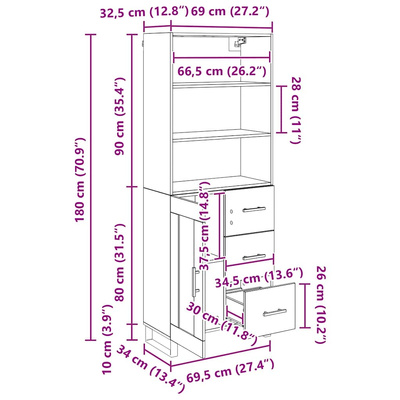 Highboard 2 szt. Czarny Dąb 69,5 x 34 x 180 cm