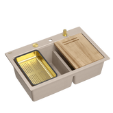 Zlewozmywak granitowy MARC 120 WORKSTATION – dwukomorowy, wpuszczany, pearl beige/elementy złote + AKCESORIA, Quadron