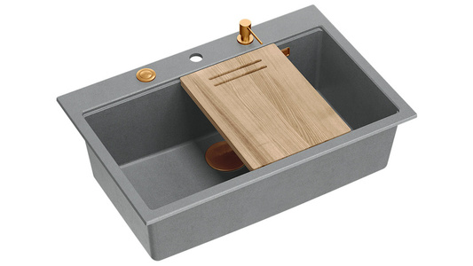 Zlewozmywak granitowy MARC 1-komorowy 76x50 cm szary/silver stone + Nano MIEDŹ PVD