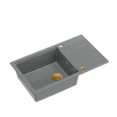 EVAN 136 XL GraniteQ zlewozmywak z syfonem Push To Open 1-komorowy z/o (860x500x210; kom. 420x490) silver stone / elementy miedziane