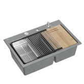 Zlewozmywak granitowy MARC 120 WORKSTATION – dwukomorowy, wpuszczany, silver stone/elementy stalowe + AKCESORIA, Quadron