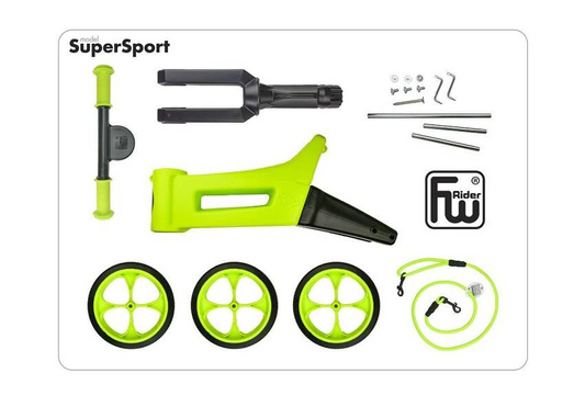 FWRider Super Sport 515760 Kolor: Lime / Limonkowy z zielonymi felgami Rowerek biegowy Jeździk 2w1 Ciche koła + Pasek do noszenia dla Rodzica