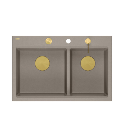 Zlewozmywak granitowy MARC 120 WORKSTATION – dwukomorowy, wpuszczany, soft taupe/elementy złote + AKCESORIA, Quadron