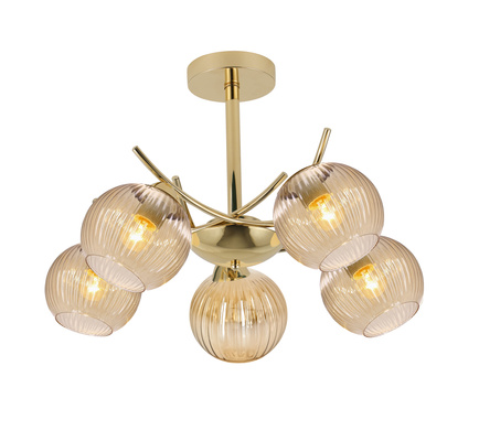 Lampa wisząca Lunore szklana 5-punktowa z bursztynowym kloszem złota