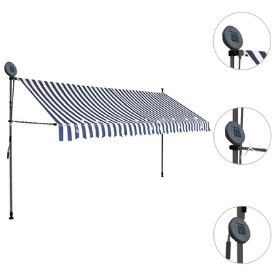 Ręcznie zwijana markiza z LED, 350 cm, niebiesko-biała