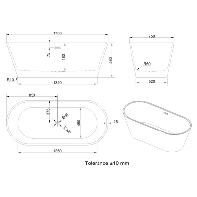 Wanna wolnostojąca 170 cm limnos z syfonem czarny AN-00-140-KPL Invena