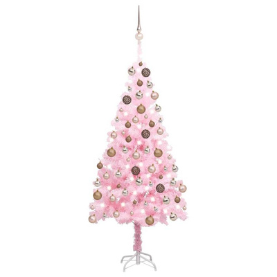vidaXL Sztuczna choinka z lampkami i bombkami, różowa, 120 cm, PVC