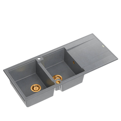 EVAN 121 GraniteQ zlewozmywak z syfonem Push To Open 2-komorowy z/o (1160x500x210; kom. 420x340) silver stone / elementy miedziane
