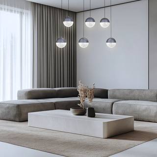 Lampa wisząca FURNI 5-punktowa szara – ze szklanymi kloszami kulami - designerska lampa do salonu LED 4000K