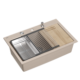 Zlewozmywak granitowy MARC 110 WORKSTATION – jednokomorowy, wpuszczany, pearl beige/elementy stalowe + AKCESORIA, Quadron