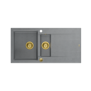 EVAN 156 GraniteQ zlewozmywak z syfonem Push To Open 1,5-komorowy z/o (1000x500x210; kom. 420x480) silver stone / elementy złote