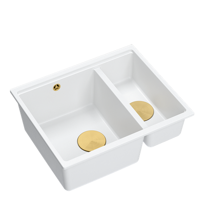 QUADRON | LOGAN 150 | granitowy zlewozmywak kuchenny BIAŁY + ZŁOTO PVD | wymiary: 56 x 46 x 22 cm | 1,5-komorowy podwieszany | podbudowa szafki od: 60 cm