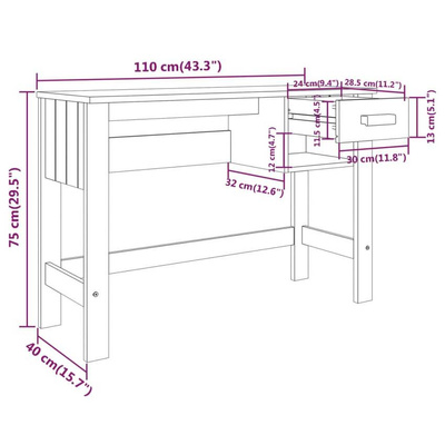 vidaXL Biurko HAMAR, ciemnoszare, 110x40x75 cm, lite drewno sosnowe