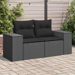 Sofa ogrodowa z poduszkami, 2-osobowa, czarna, z polirattanu