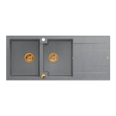 EVAN 121 GraniteQ zlewozmywak z syfonem Push To Open 2-komorowy z/o (1160x500x210; kom. 420x340) silver stone / elementy miedziane